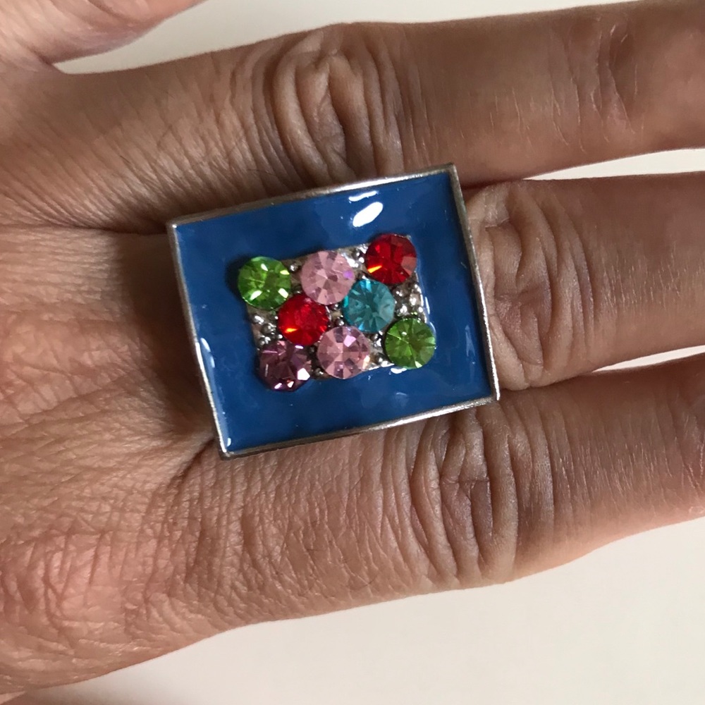 Multi Colored Stone Adjustable Blue & Silver Ring